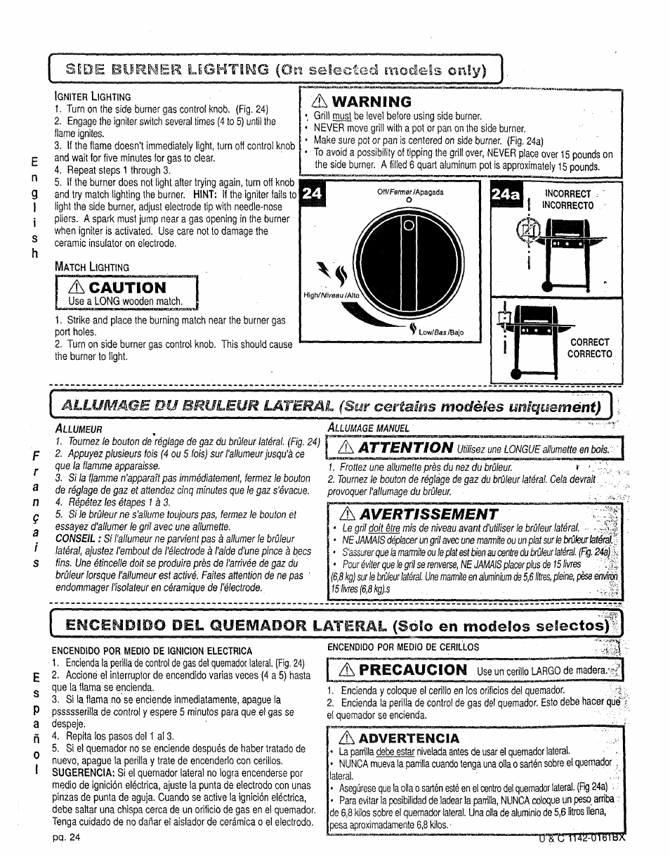Caution, Precaucion, A warning | Attention, Avertissement, Side boi^ner lighting (o^î selected models only), Ra n, A advertencia | Craftsman 258.1240100 User Manual | Page 24 / 44