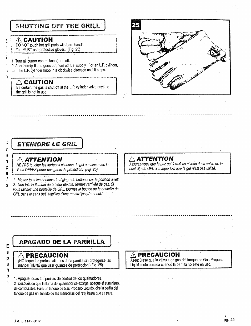 A caution, A precaucion, Precaucion | Eteindre le gril, Attention, Apagado de la parrilla, Shuttimg off the grill | Craftsman 258.1240100 User Manual | Page 25 / 44