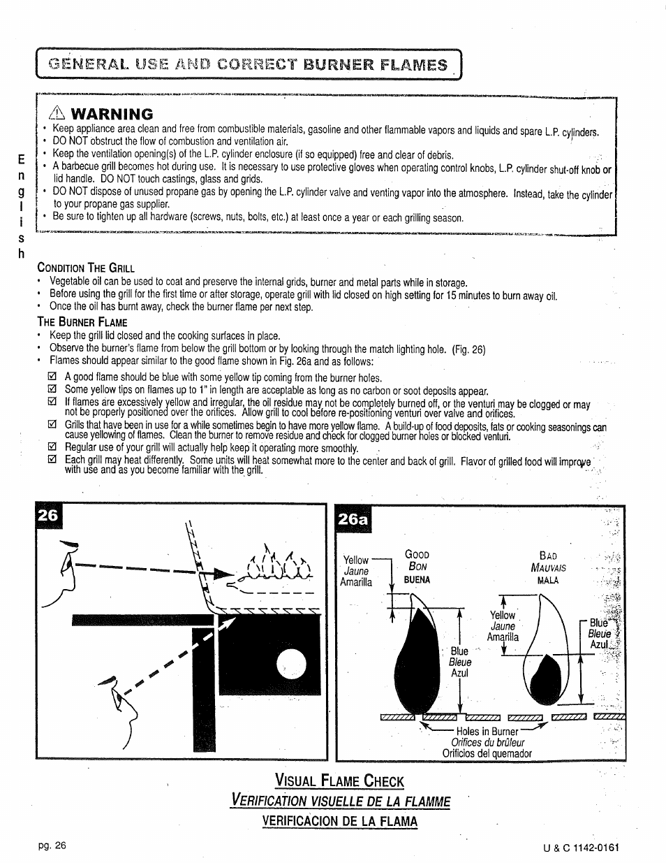 Verificacion de la flama, Êmeral use correct buriner flafvles, Zl warning | Craftsman 258.1240100 User Manual | Page 26 / 44