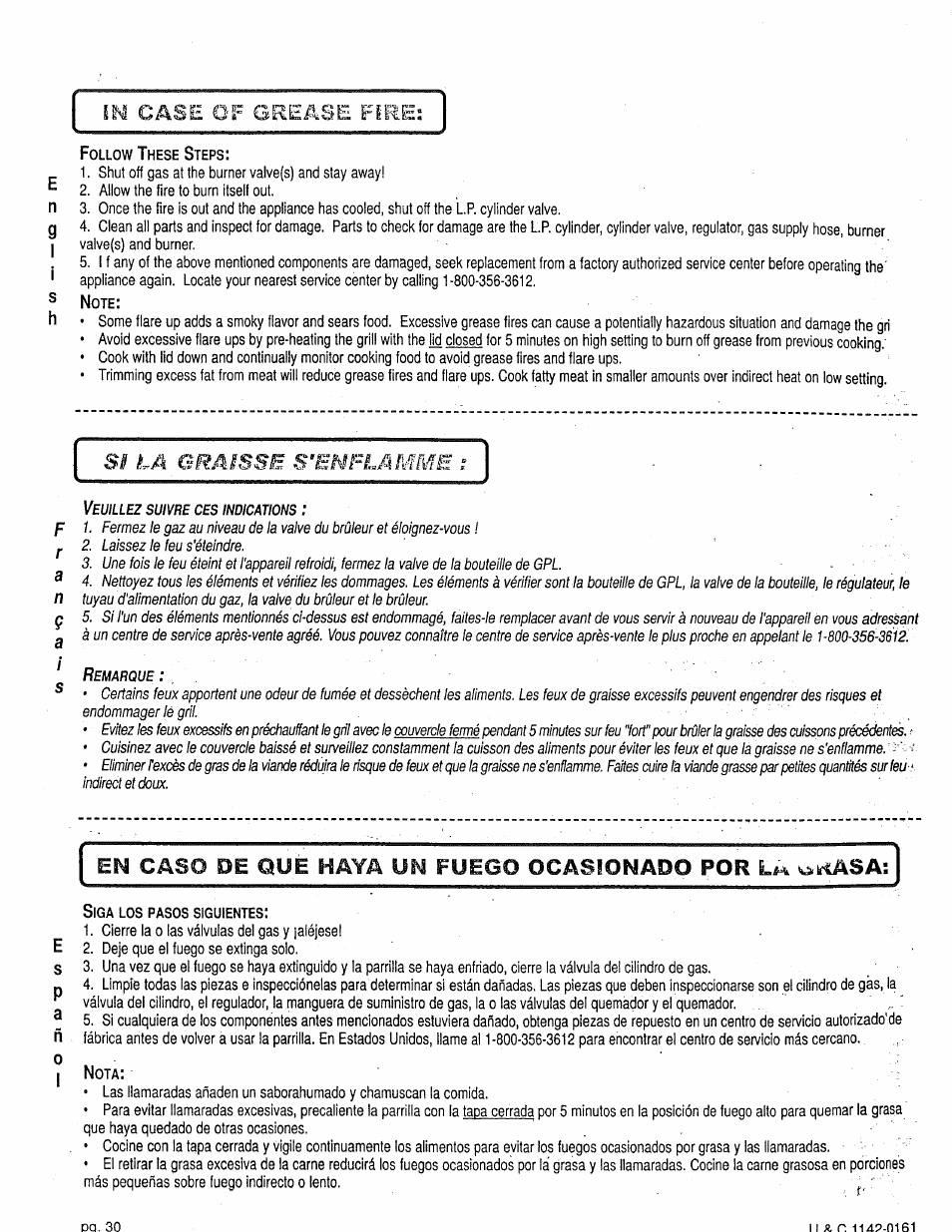 Si lâ graisse s‘e, Laissez le feu s'éteindre, En caso de que haya un fuego ocasionado | Kiasa, Case of grease fire, Ra n | Craftsman 258.1240100 User Manual | Page 30 / 44