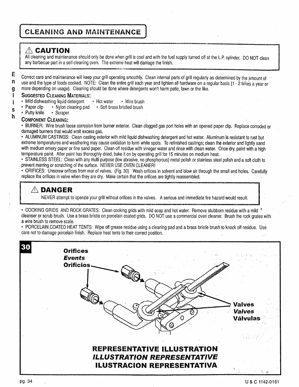 A caution, Orifices, Orificios | Representative illustration, Ilustracion representativa, Cleaning ano maintenance, A danger, Illustration representative, Orifices events orificios valves valves válvulas | Craftsman 258.1240100 User Manual | Page 34 / 44