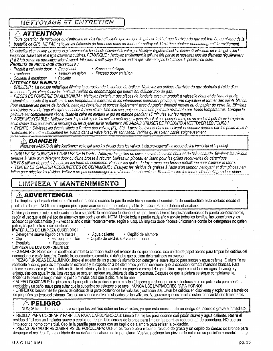 Nettoyage, Entretien, A advertencia | K attention, Danger, Apeligro | Craftsman 258.1240100 User Manual | Page 35 / 44
