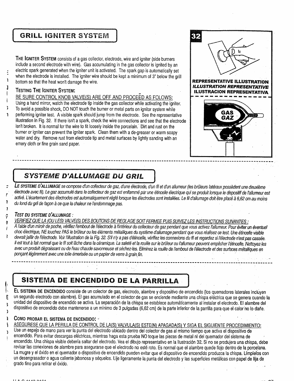 Sistema de encendido de la parrilla, Grill igniter system, Systeme d'allumage du gril | Craftsman 258.1240100 User Manual | Page 37 / 44