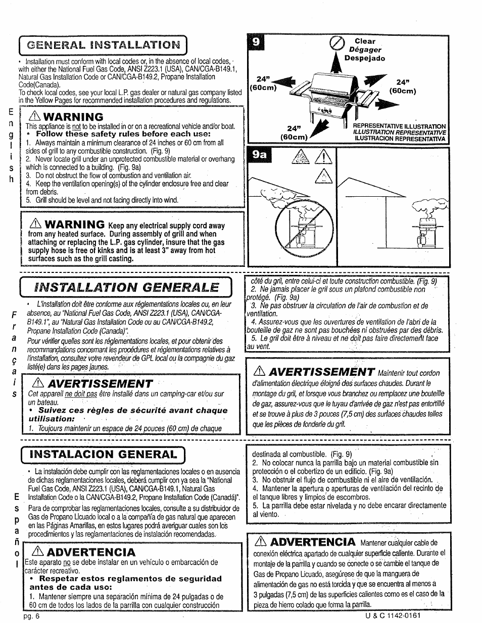 Installation generale, A warning, Instalacion general | Advertencia, Avertissement, Aadvertencia, Gei^eral ir^stallation | Craftsman 258.1240100 User Manual | Page 6 / 44