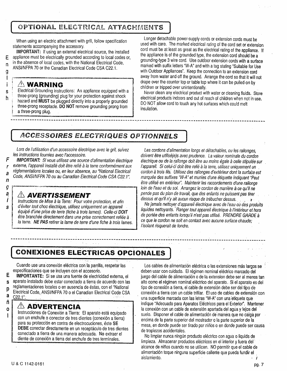 Warning, Conexiones electricas opcionales, Mccessoêres electriques optionnels | Avertissement, A advertencia, Optiomal electrical attachmemts, Ra n | Craftsman 258.1240100 User Manual | Page 7 / 44