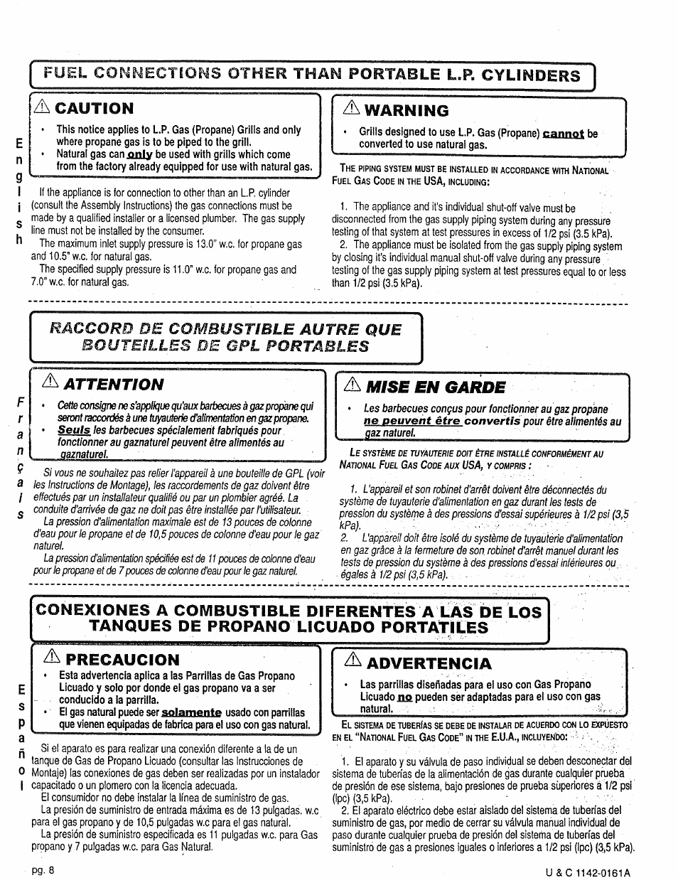 Conexiones a combustible diferentes a làs de los, Tanques de propano licuado portatiles, A precaucion | A caution, Mise en garde, Conexiones a combustible, A làs, Tanques, Advertencia, A warning | Craftsman 258.1240100 User Manual | Page 8 / 44
