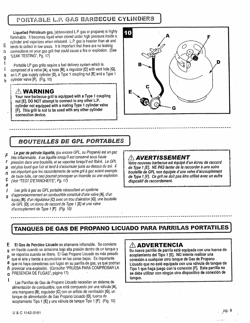 A warning, Pg- 9, Gas de | Bouteilles de gpl portables, Âiavertissetvient, Tanques de, Propano licuado para farri las portatiles, Aadvertencia, Pokt/uble l.f= gas barbecue cylinders, A ri | Craftsman 258.1240100 User Manual | Page 9 / 44