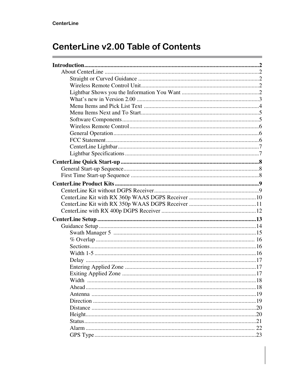 Centerline v2.00 table of contents | TeeJet CenterLine 2.0 User Manual | Page 3 / 66