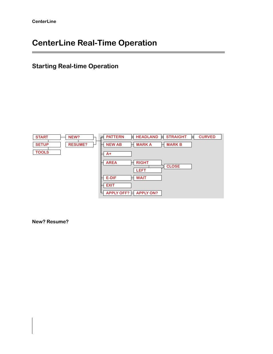 Centerline real-time operation, Starting real-time operation, New? resume | TeeJet CenterLine 2.0 User Manual | Page 42 / 66