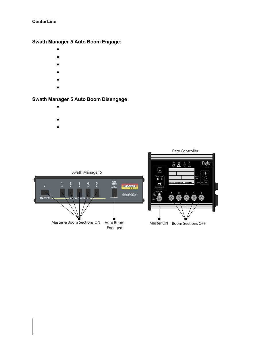 Swath manager 5 auto boom disengage, Swath manager 5 auto boom engage, Tee et | 58 centerline swath manager 5 operation centerline | TeeJet CenterLine 2.0 User Manual | Page 64 / 66