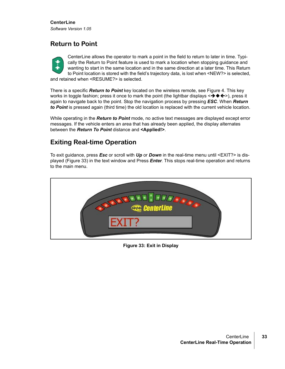 Return to point, Exiting real-time operation | TeeJet CenterLine v1.05 User Manual | Page 39 / 54