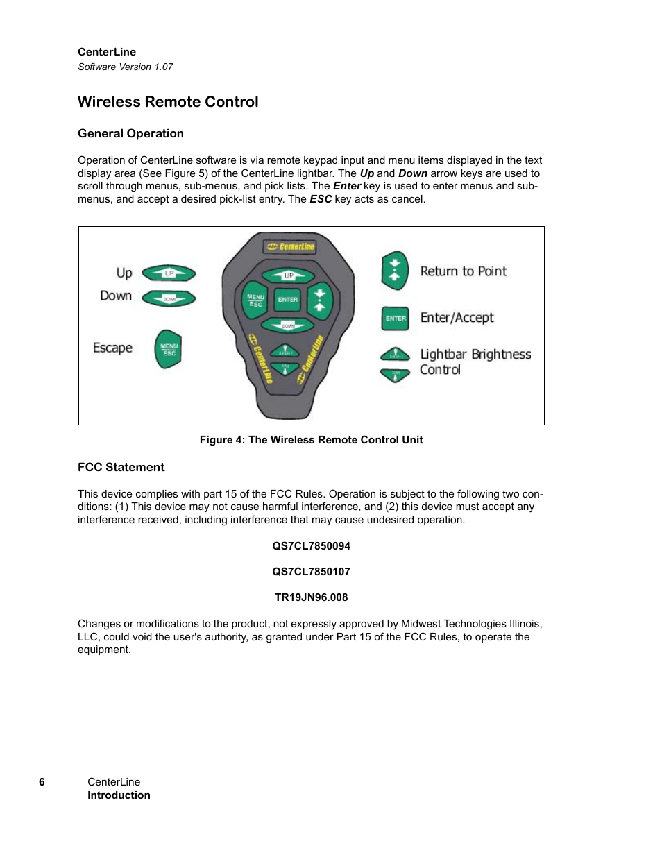 Wireless remote control | TeeJet CenterLine v1.07 User Manual | Page 12 / 60