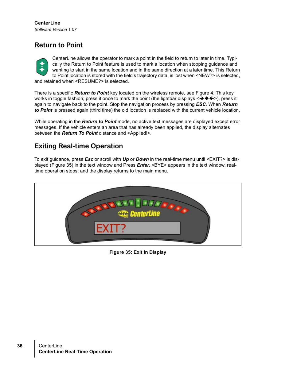 Return to point, Exiting real-time operation | TeeJet CenterLine v1.07 User Manual | Page 42 / 60