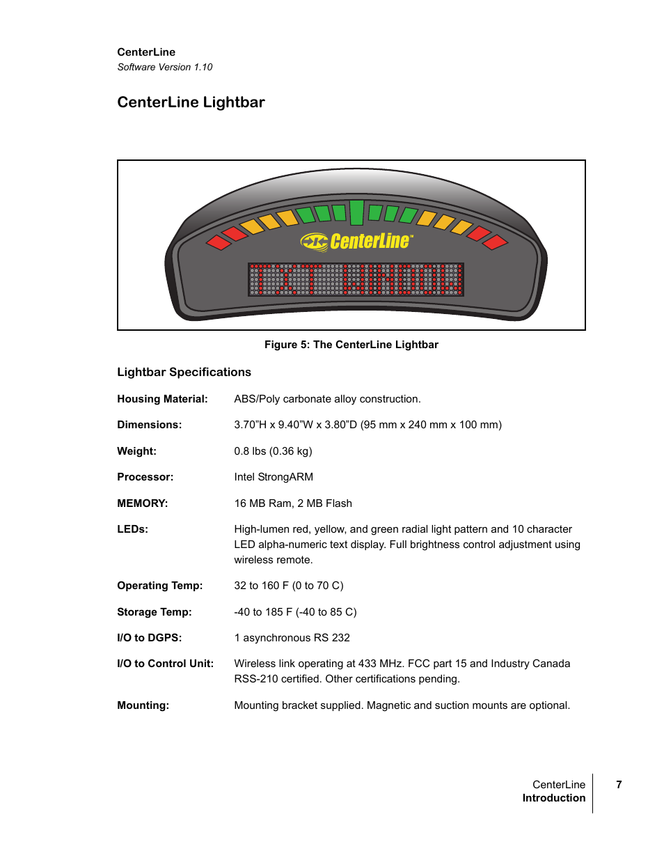 Centerline lightbar, Figure 5: the centerline lightbar, Lightbar specifications | Centerline | TeeJet CenterLine v1.10 User Manual | Page 11 / 58