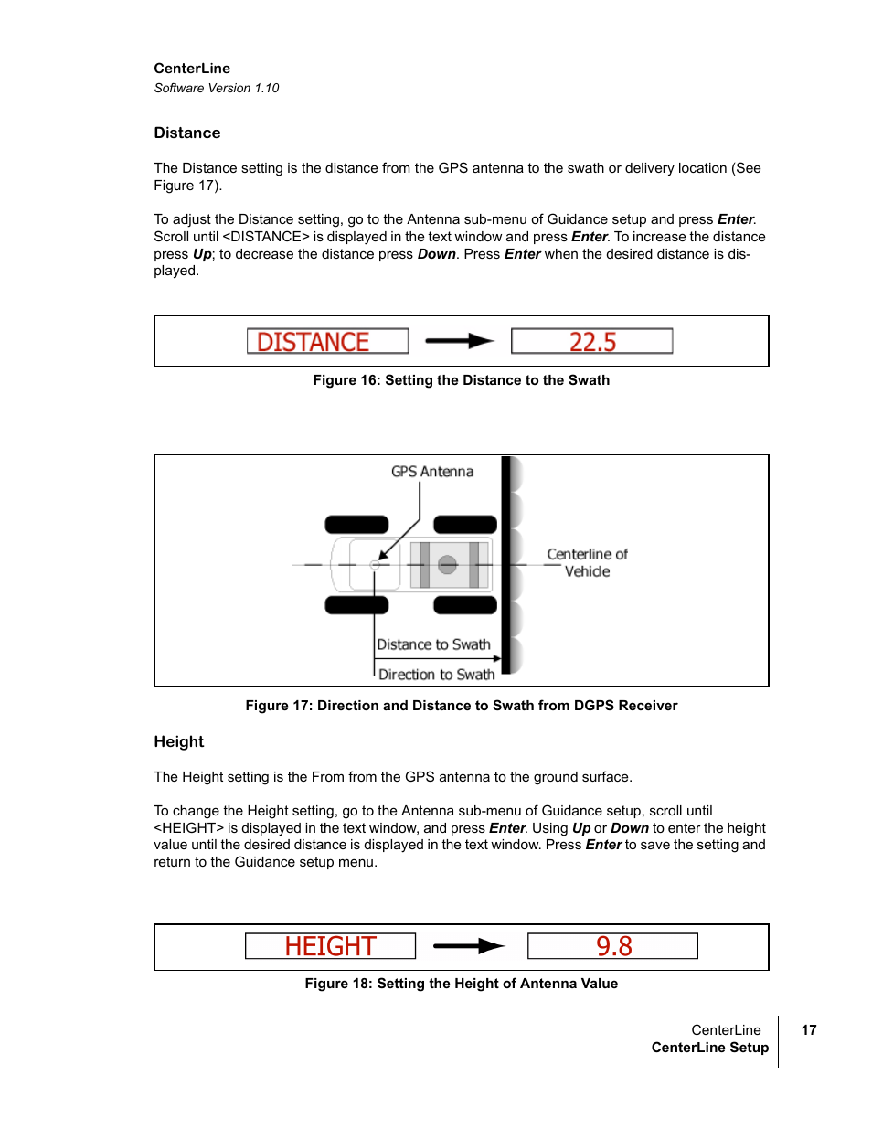 Distance, Figure 16: setting the distance to the swath, Height | Figure 18: setting the height of antenna value | TeeJet CenterLine v1.10 User Manual | Page 21 / 58