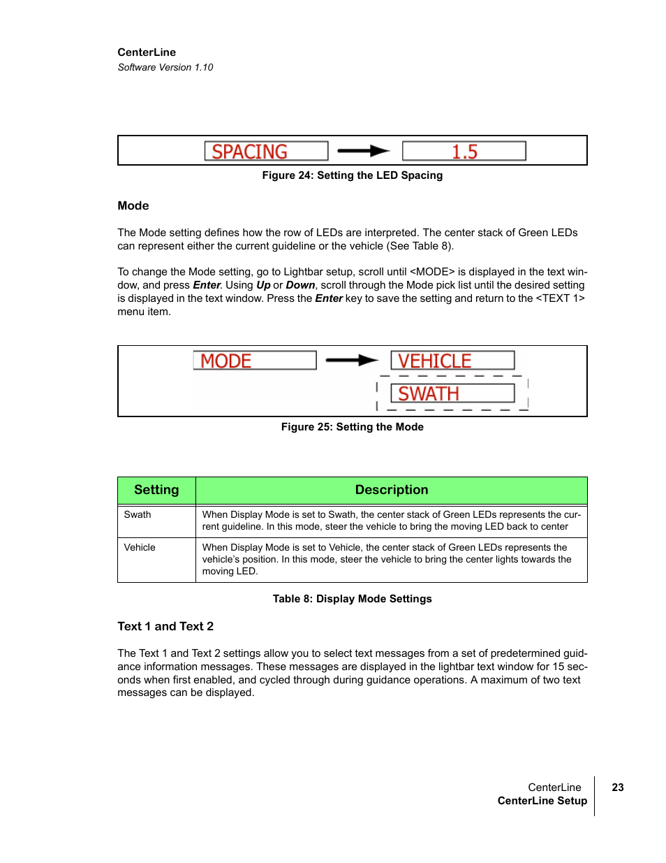 Figure 24: setting the led spacing, Mode, Figure 25: setting the mode | Table 8: display mode settings, Text 1 and text 2 | TeeJet CenterLine v1.10 User Manual | Page 27 / 58