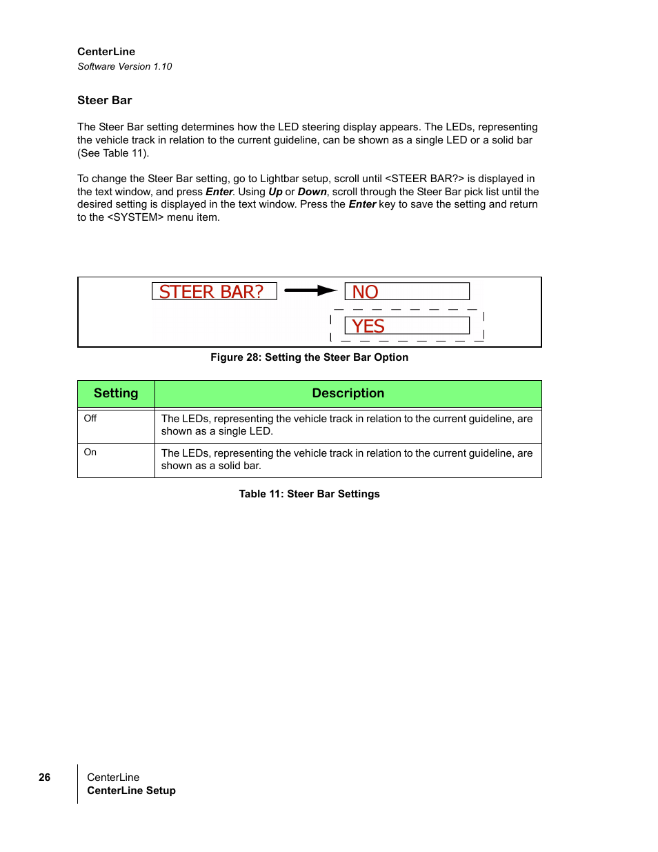 Steer bar, Figure 28: setting the steer bar option, Table 11: steer bar settings | TeeJet CenterLine v1.10 User Manual | Page 30 / 58