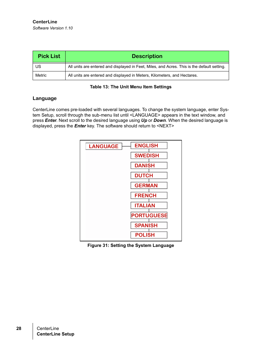 Table 13: the unit menu item settings, Language, Figure 31: setting the system language | TeeJet CenterLine v1.10 User Manual | Page 32 / 58