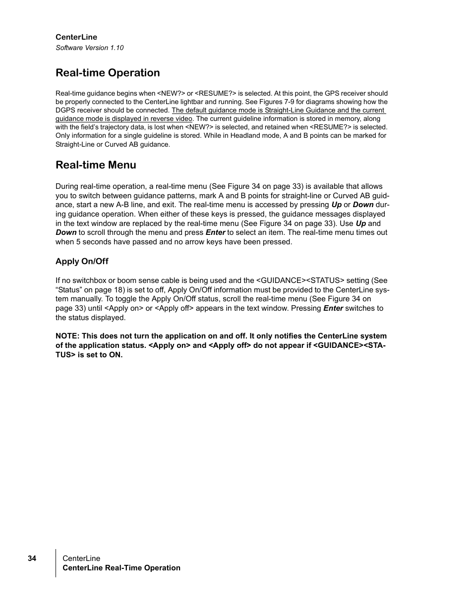 Real-time operation, Real-time menu, Apply on/off | TeeJet CenterLine v1.10 User Manual | Page 38 / 58