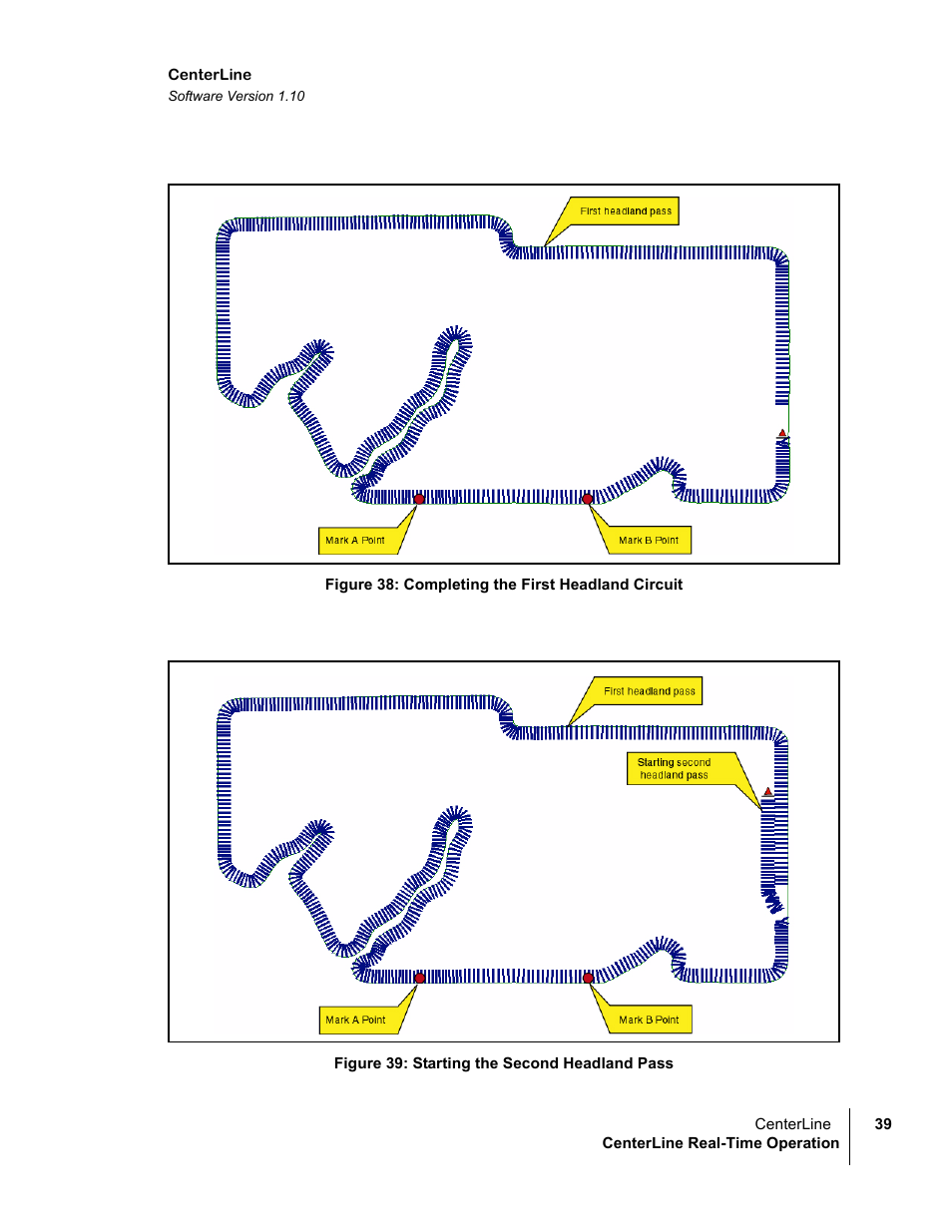 Figure 38: completing the first headland circuit, Figure 39: starting the second headland pass | TeeJet CenterLine v1.10 User Manual | Page 43 / 58