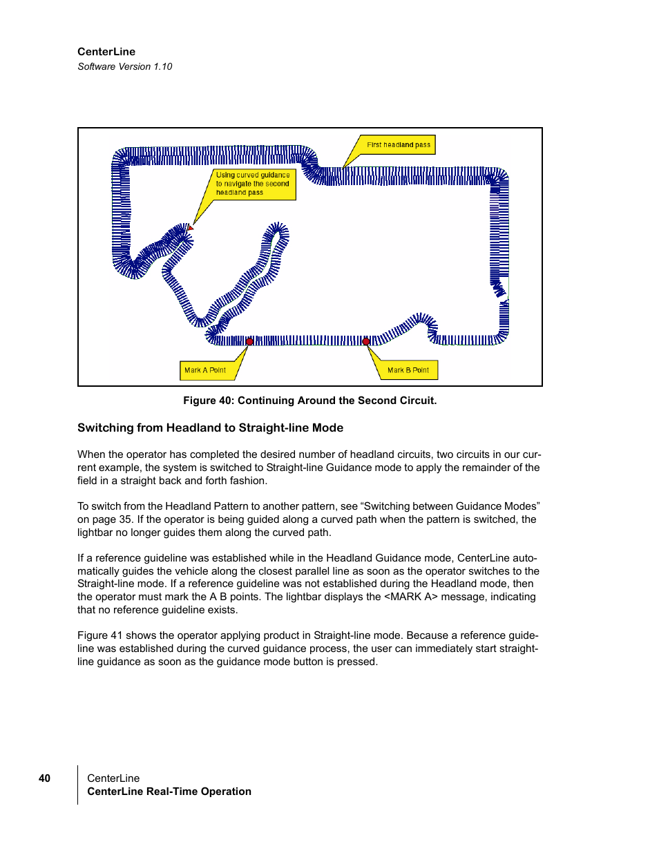 Figure 40: continuing around the second circuit, Switching from headland to straight-line mode | TeeJet CenterLine v1.10 User Manual | Page 44 / 58