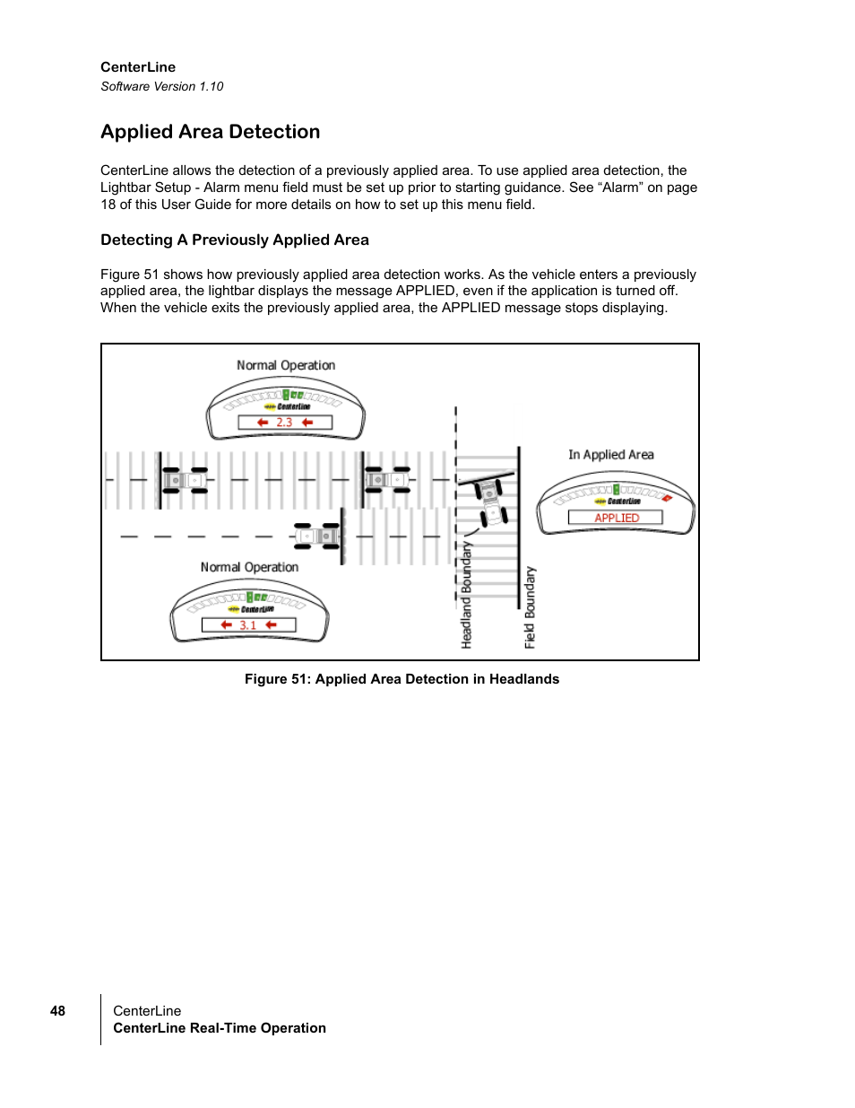 Applied area detection, Detecting a previously applied area, Figure 51: applied area detection in headlands | TeeJet CenterLine v1.10 User Manual | Page 52 / 58