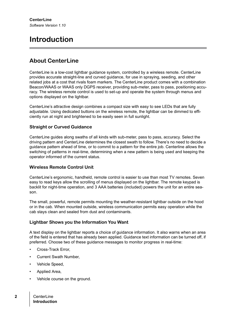 Introduction, About centerline, Straight or curved guidance | Wireless remote control unit, Lightbar shows you the information you want | TeeJet CenterLine v1.10 User Manual | Page 6 / 58