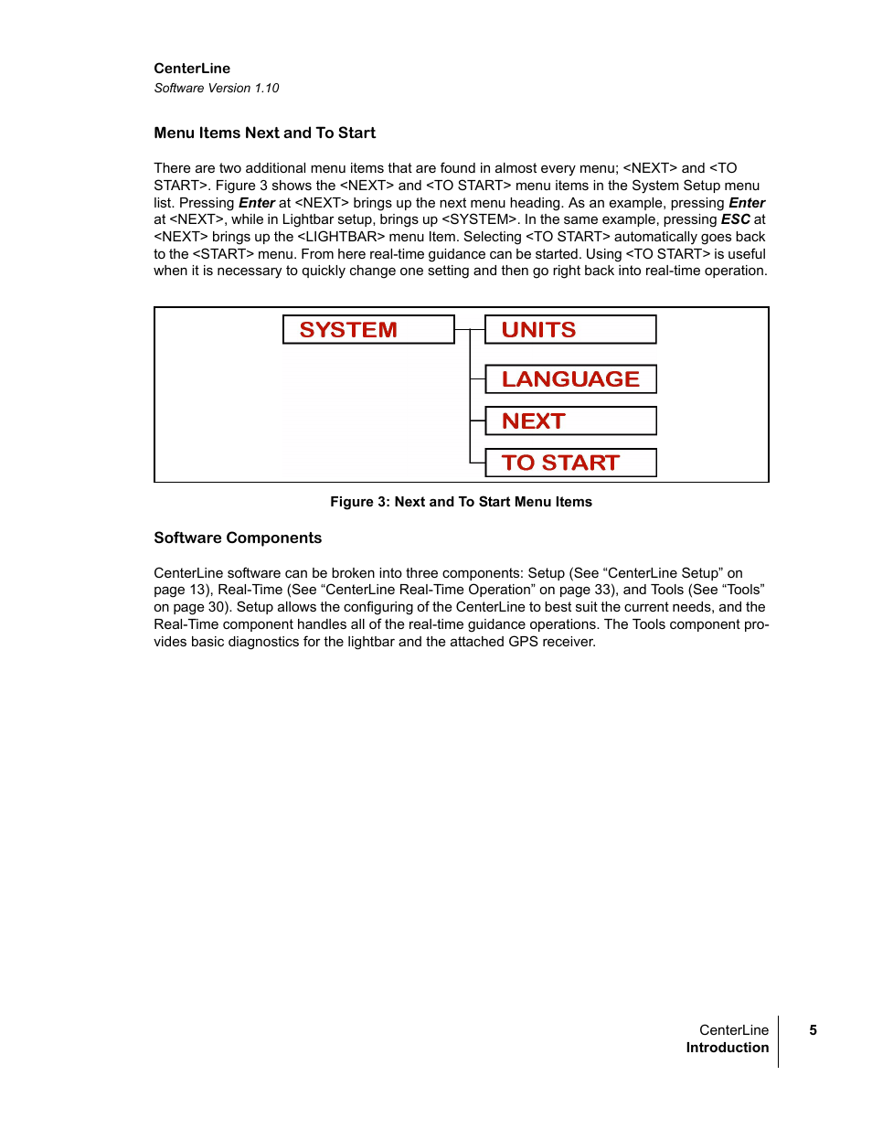 Menu items next and to start, Figure 3: next and to start menu items, Software components | TeeJet CenterLine v1.10 User Manual | Page 9 / 58