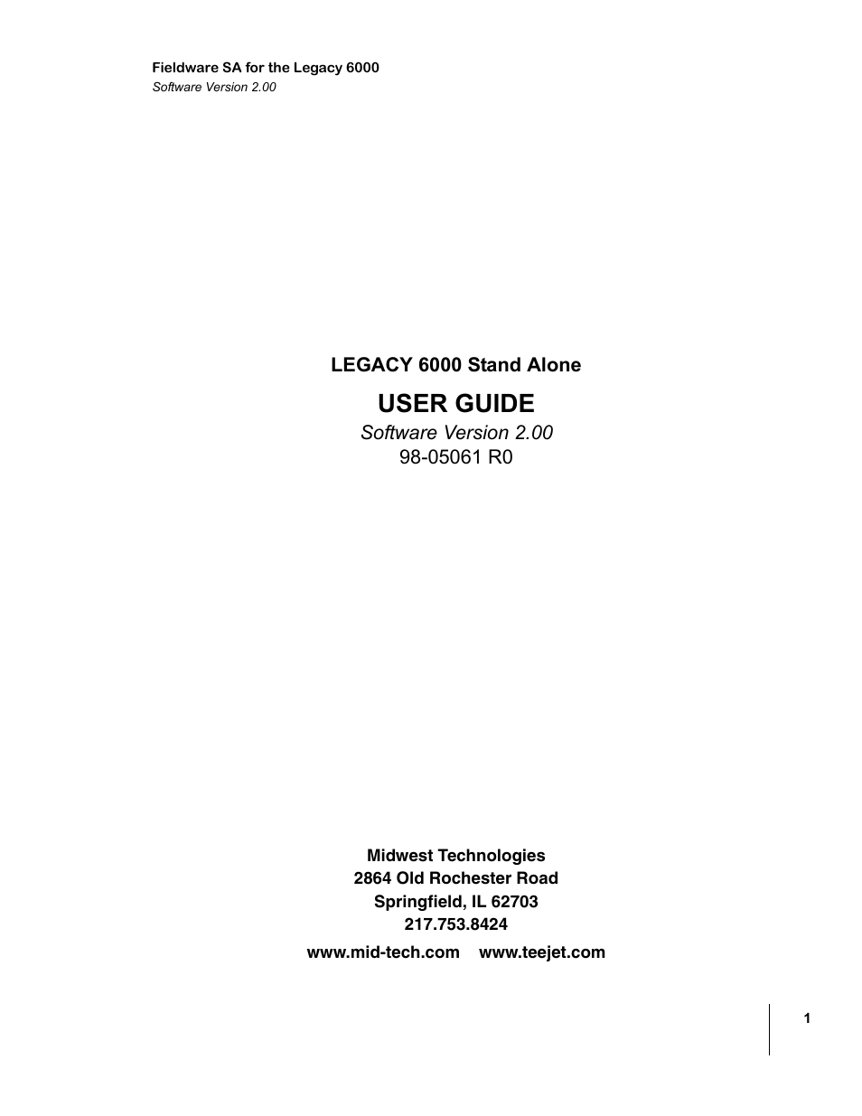TeeJet Fieldware SA 2.0 for Legacy 6000 User Manual | 172 pages