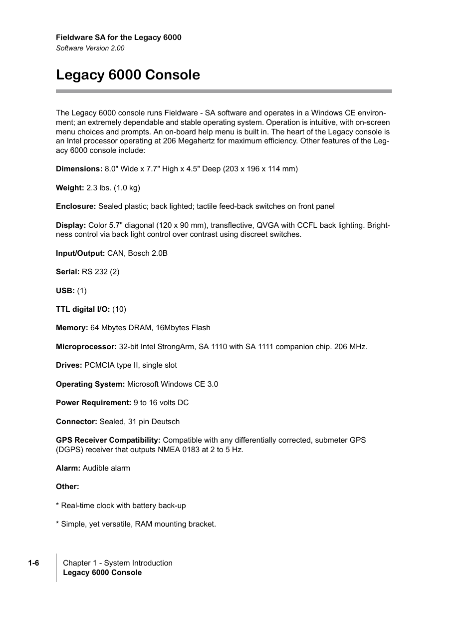 Legacy 6000 console, Legacy 6000 console -6 | TeeJet Fieldware SA 2.0 for Legacy 6000 User Manual | Page 10 / 172