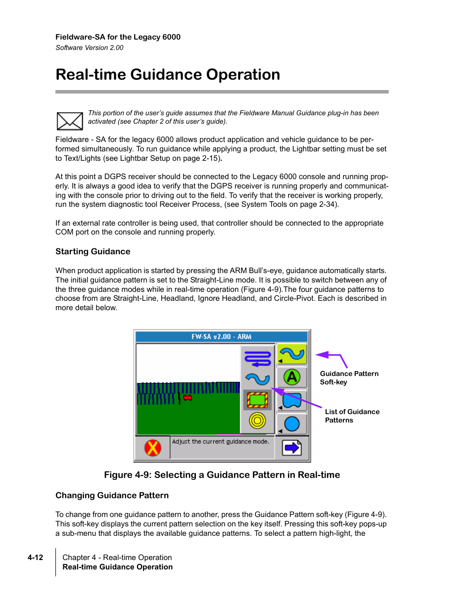 Real-time guidance operation, Starting guidance, Changing guidance pattern | Real-time guidance operation -12 | TeeJet Fieldware SA 2.0 for Legacy 6000 User Manual | Page 104 / 172