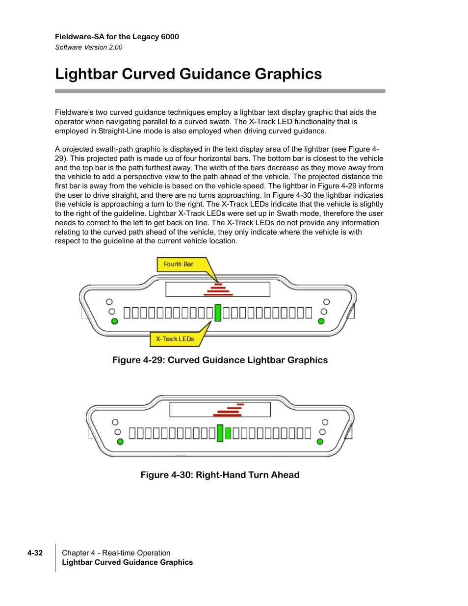Lightbar curved guidance graphics, Figure 4-29: curved guidance lightbar graphics, Figure 4-30: right-hand turn ahead | Lightbar curved guidance graphics -32 | TeeJet Fieldware SA 2.0 for Legacy 6000 User Manual | Page 124 / 172