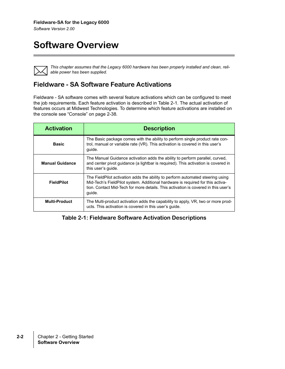 Software overview, Fieldware - sa software feature activations, Basic | Manual guidance, Fieldpilot, Multi-product, Software overview -2, Fieldware - sa software feature activations -2 | TeeJet Fieldware SA 2.0 for Legacy 6000 User Manual | Page 14 / 172