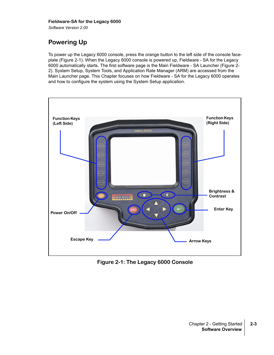 Powering up, Figure 2-1: the legacy 6000 console, Powering up -3 | TeeJet Fieldware SA 2.0 for Legacy 6000 User Manual | Page 15 / 172