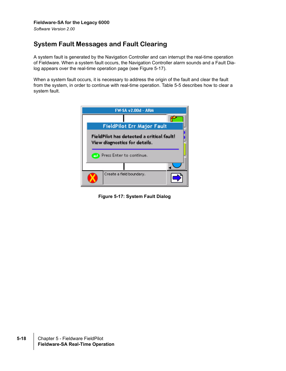 System fault messages and fault clearing, Figure 5-17: system fault dialog, System fault messages and fault clearing -18 | TeeJet Fieldware SA 2.0 for Legacy 6000 User Manual | Page 156 / 172