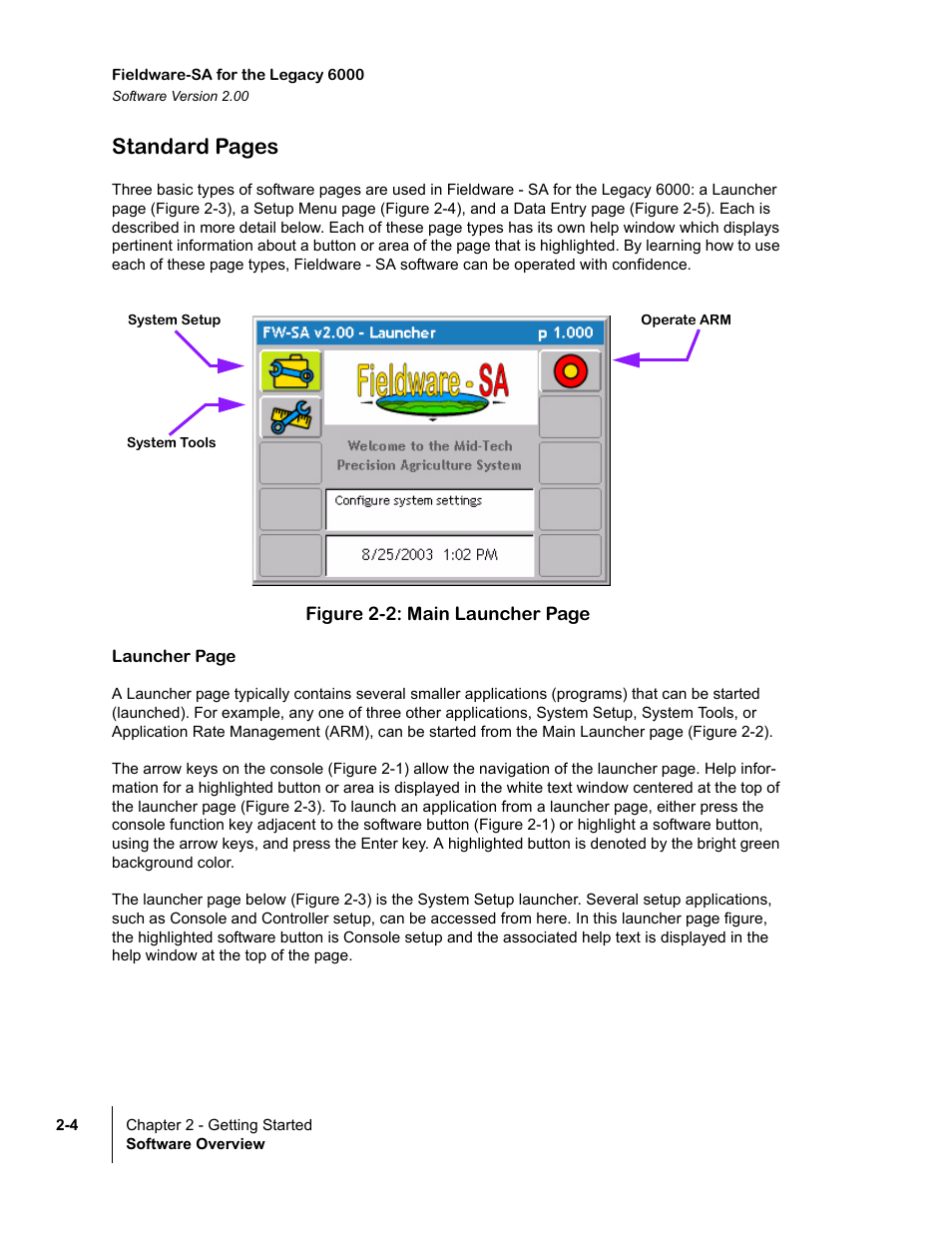 Standard pages | TeeJet Fieldware SA 2.0 for Legacy 6000 User Manual | Page 16 / 172