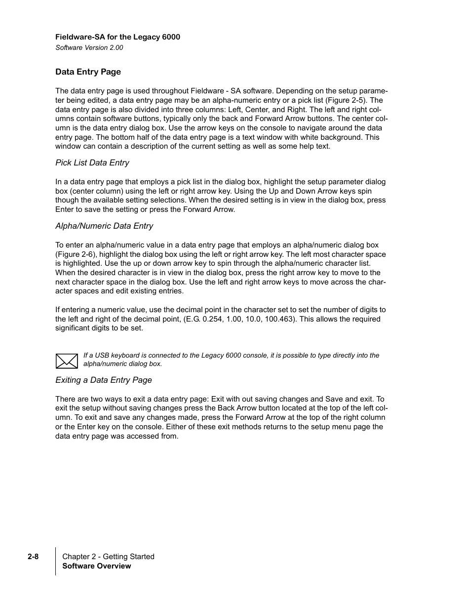 Pick list data entry, Alpha/numeric data entry | TeeJet Fieldware SA 2.0 for Legacy 6000 User Manual | Page 20 / 172