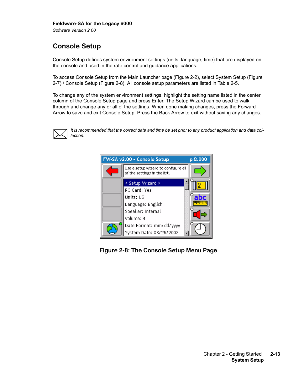 Console setup, Console setup -13 | TeeJet Fieldware SA 2.0 for Legacy 6000 User Manual | Page 25 / 172