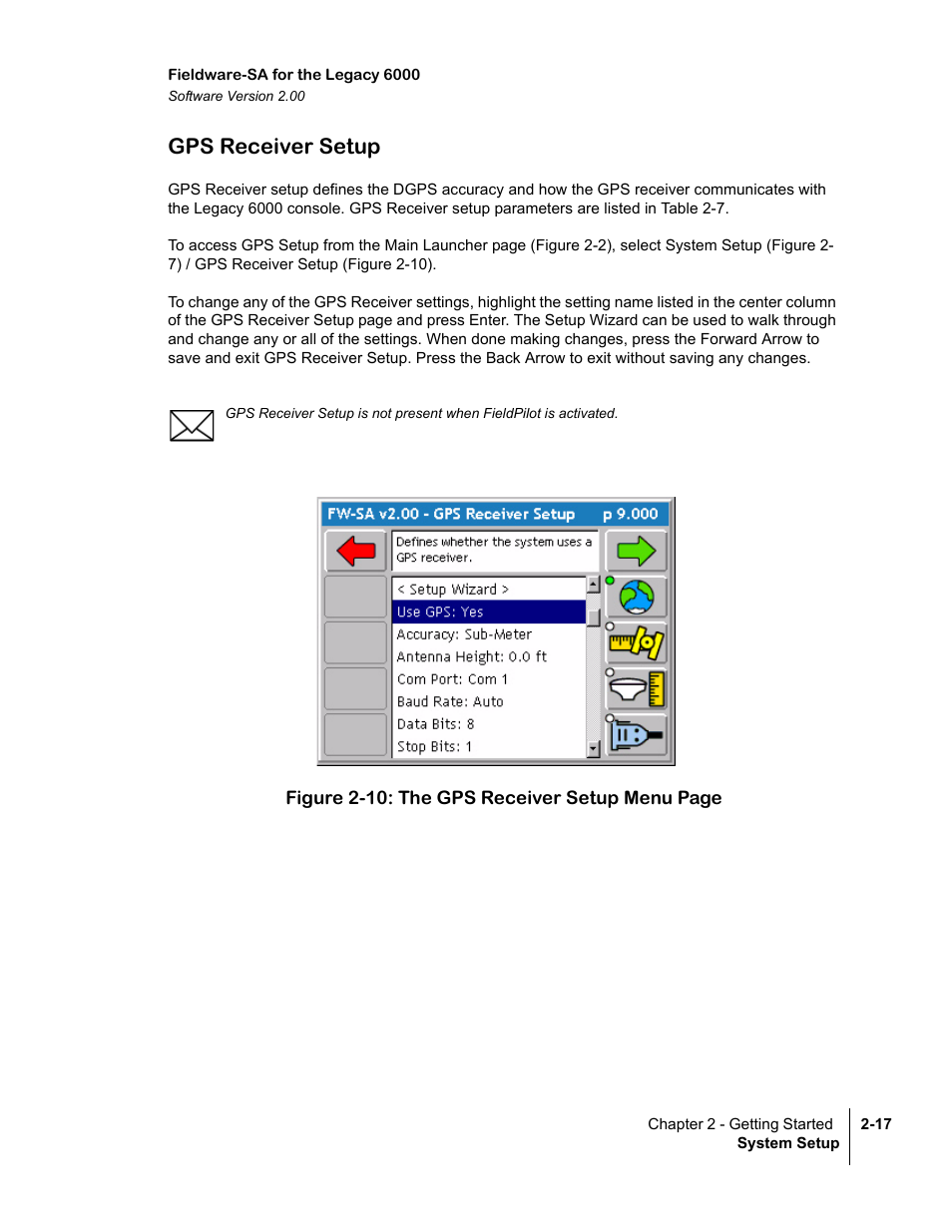 Gps receiver setup, Gps receiver setup -17 | TeeJet Fieldware SA 2.0 for Legacy 6000 User Manual | Page 29 / 172