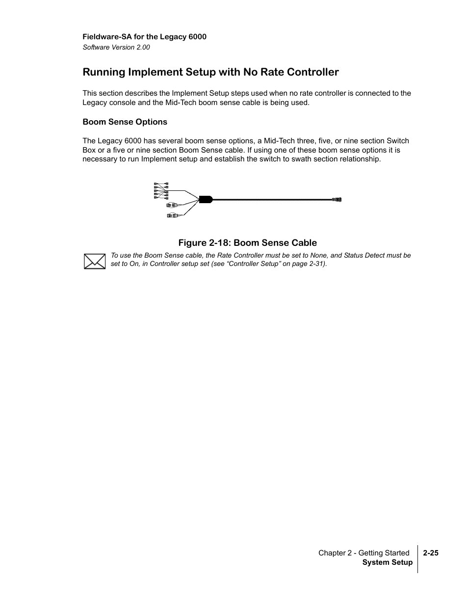 Running implement setup with no rate controller, Boom sense options, Figure 2-18: boom sense cable | TeeJet Fieldware SA 2.0 for Legacy 6000 User Manual | Page 37 / 172