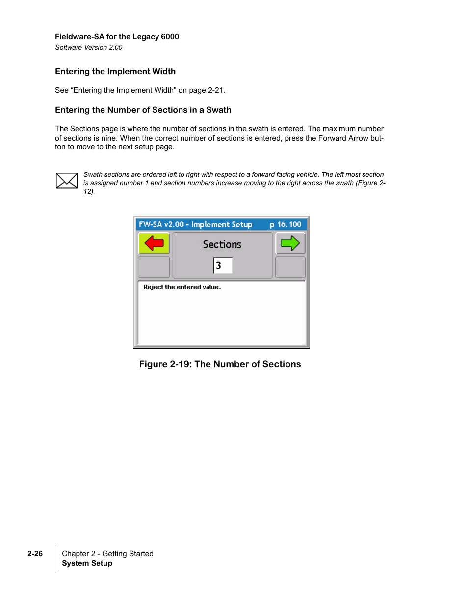 Entering the implement width, Entering the number of sections in a swath, Figure 2-19: the number of sections | TeeJet Fieldware SA 2.0 for Legacy 6000 User Manual | Page 38 / 172