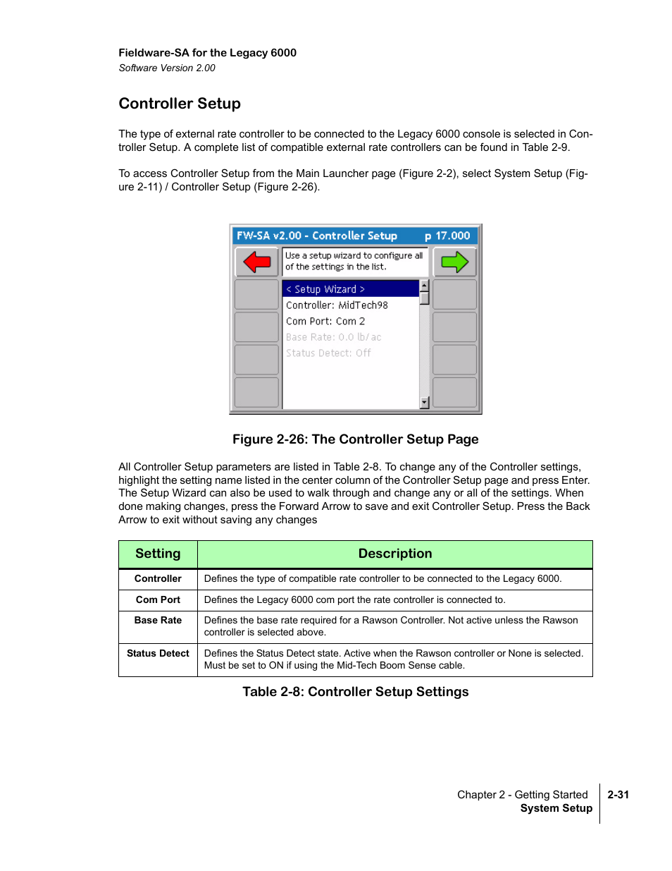 Controller setup, Table 2-8: controller setup settings, Controller setup -31 | TeeJet Fieldware SA 2.0 for Legacy 6000 User Manual | Page 43 / 172