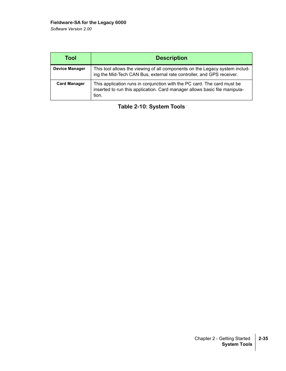 Table 2-10: system tools | TeeJet Fieldware SA 2.0 for Legacy 6000 User Manual | Page 47 / 172