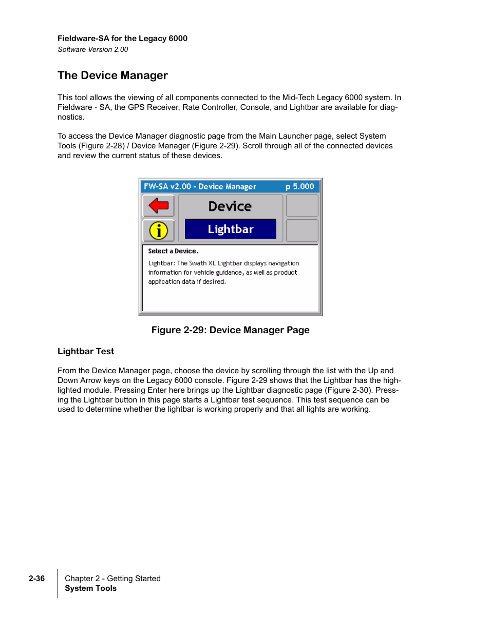 The device manager, Lightbar test, The device manager -36 | TeeJet Fieldware SA 2.0 for Legacy 6000 User Manual | Page 48 / 172
