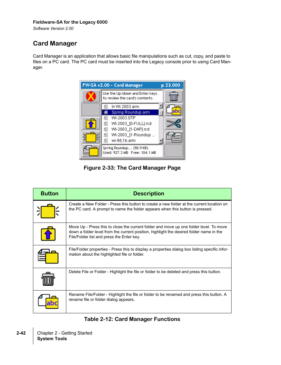 Card manager, Table 2-12: card manager functions, Card manager -42 | TeeJet Fieldware SA 2.0 for Legacy 6000 User Manual | Page 54 / 172