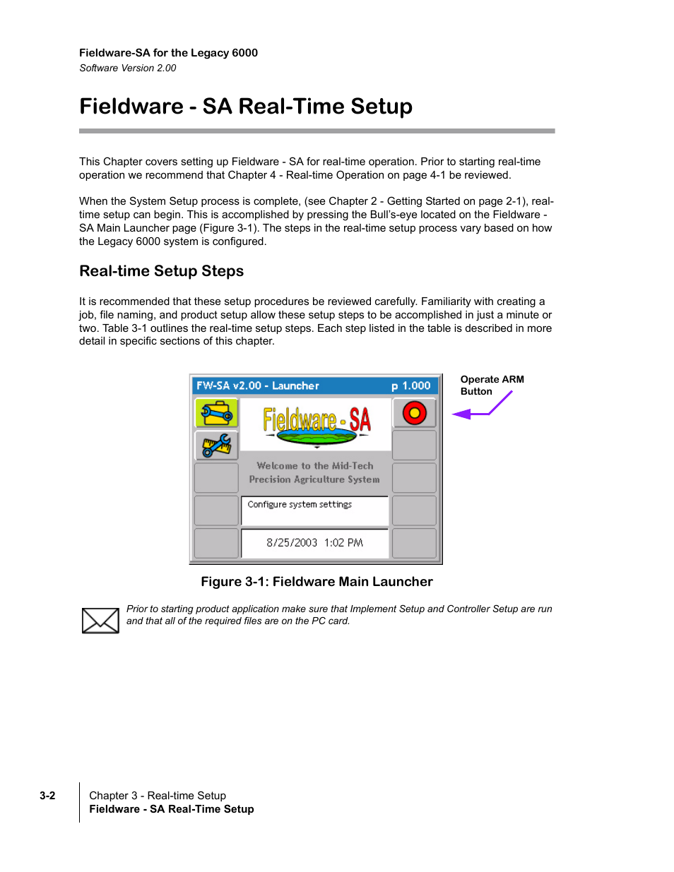 Fieldware - sa real-time setup, Real-time setup steps, Figure 3-1: fieldware main launcher | Fieldware - sa real-time setup -2, Real-time setup steps -2 | TeeJet Fieldware SA 2.0 for Legacy 6000 User Manual | Page 58 / 172