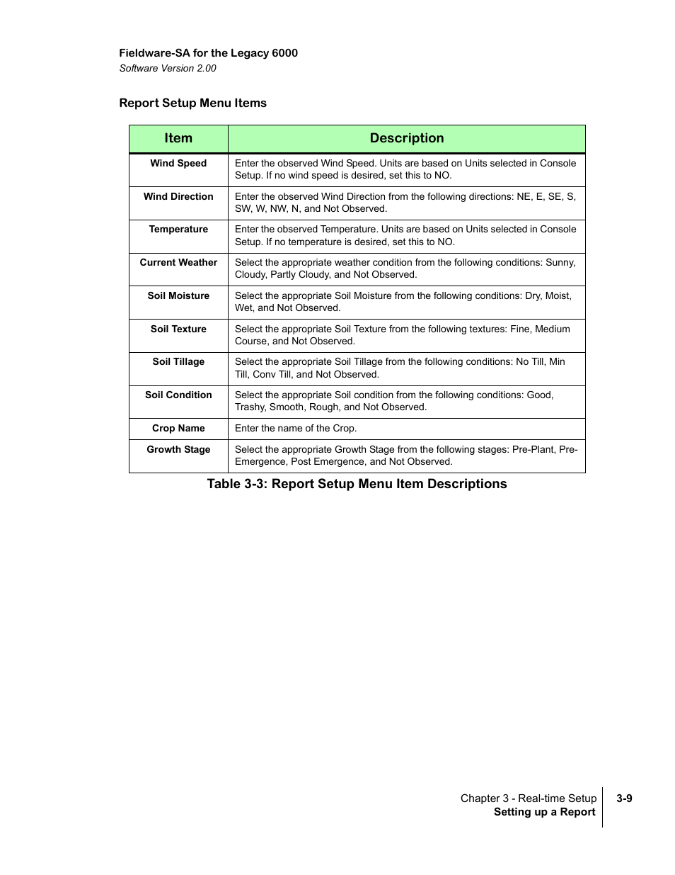Report setup menu items, Wind speed, Wind direction | Temperature, Current weather, Soil moisture, Soil texture, Soil tillage, Soil condition, Crop name | TeeJet Fieldware SA 2.0 for Legacy 6000 User Manual | Page 65 / 172