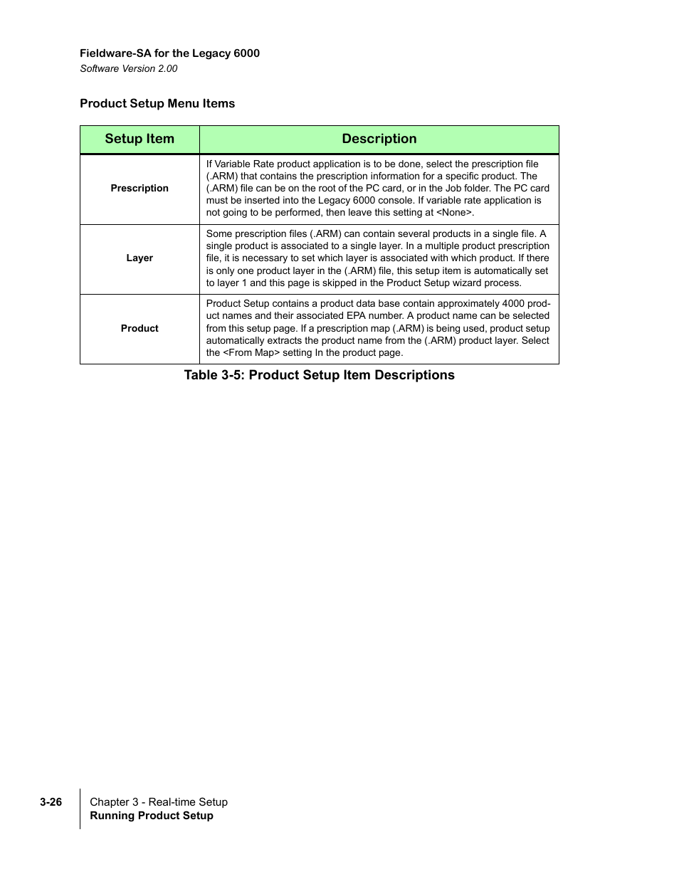 Product setup menu items, Prescription, Layer | Product, Table 3-5: product setup item descriptions | TeeJet Fieldware SA 2.0 for Legacy 6000 User Manual | Page 82 / 172