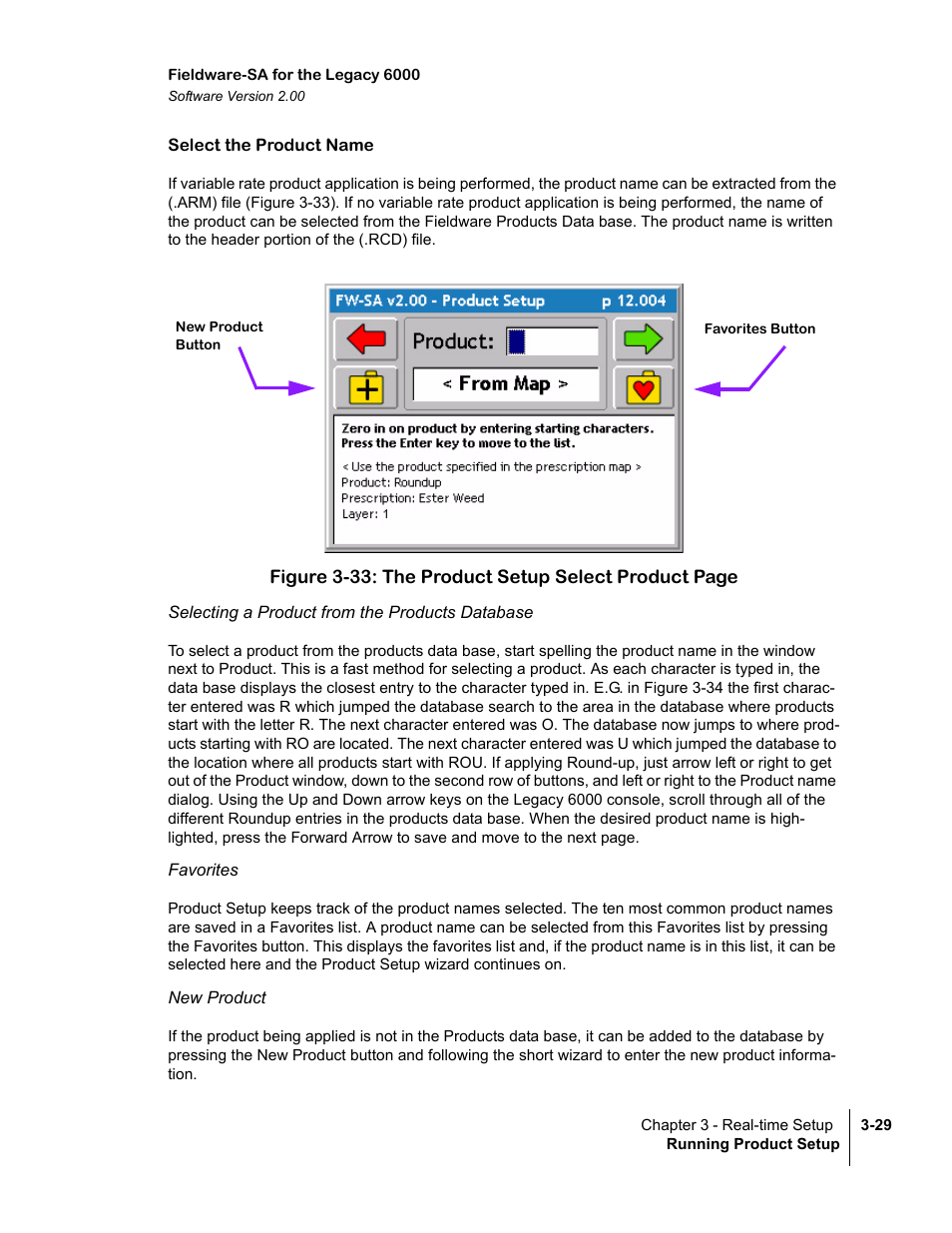Select the product name, Selecting a product from the products database, Favorites | New product | TeeJet Fieldware SA 2.0 for Legacy 6000 User Manual | Page 85 / 172