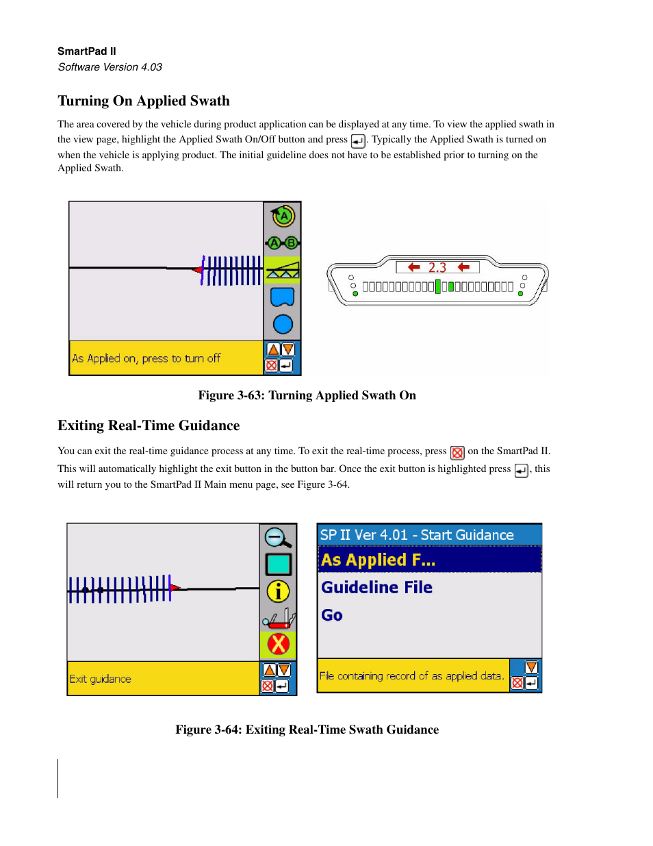 Turning on applied swath, Exiting real-time guidance | TeeJet Swath XL SmartPad II User Manual | Page 102 / 204